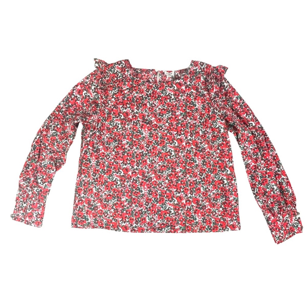 J. Crew Women's Red‎ Floral Poppy Print Ruffle Shoulder Blouse Long Sleeve Top L